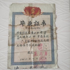 1961年山西省霍县六年级毕业证书，带主席头像，品相如图。