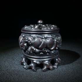 旧藏精雕细琢黑檀灵芝寿桃镂空底座香炉 收藏佳品