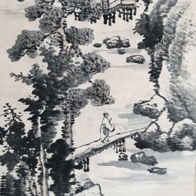 罕见，近代画家浅野静洲作品，松下高士图，纸本布裱（裱上有一行铅笔字），骨轴一对，画心107*32。227