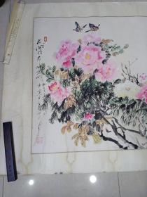 大幅手绘画（花开富贵）朱云何画，画心166 x 83