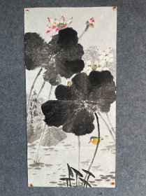 国画花鸟古云卿手绘四尺荷花翠鸟。70/138 厘米。编号060