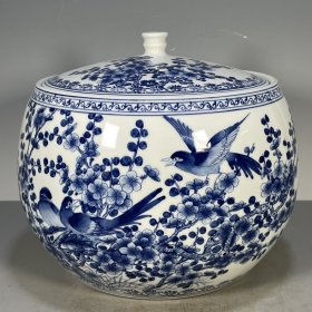 古董古玩瓷器旧货收藏创汇时期官窑青花喜上眉梢纹盖罐茶叶罐