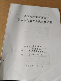 清江印染厂徐谷仓 1977年江苏省党的六大代表登记表