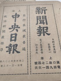 民国新闻报纸广告。中央日报，新闻报，报头。一张纸。1947年某杂志一页。比32开小。