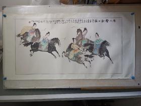 清水堂主人少洋，水墨手绘古代仕女画一副，马球图，作者不识，画工精湛，横幅镜心旧裱，大尺寸画心130x67
包真包手绘