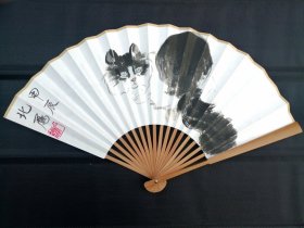 纯手绘八寸猫咪折扇一把