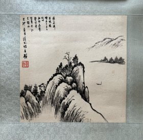 任书博水墨山水镜心《李白诗意图》。任书博（1918-2012），学名世朴，号朴庐，自取斋名松竹草堂。海派书画篆刻大家，上海文史馆馆员。14岁学篆刻，并随朱香晚，杨景苏学书法文学。18岁拜入吴湖帆门下，为梅影书屋入室弟子，曾为吴湖帆、陆俨少以及其他海上名家治印无数；书法师承秦汉及晋唐诸家；绘画取法宋元，尤擅松竹，得元代柯九思、李息斋遗韵。著有《朴庐印痕》《怎样画竹》等。