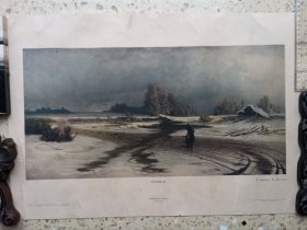 俄罗斯名画《行走在雪地里的人》.1953年印刷出版。此画宜装框悬挂于客厅，给夏天带来丝丝的凉意，使冬天不再感到在家的封闭。