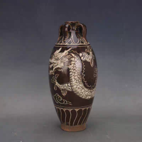 磁州窑手绘龙纹四系花瓶