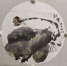 保真书画，安徽名家，张国琳圆光花鸟画精致小品《秋实》43.5*43.5cm，软片。张国琳，1951年生，安徽省美术家协会副主席，国家一级美术师，享受政府特殊津贴。