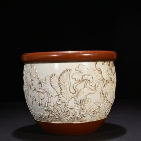 旧藏 清光绪王炳荣雕刻莲池鸳鸯纹卷缸 20*25厘米