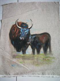 油画一幅 【牛】装裱相框效果更佳 有签名 详细如图所示……油画画心编号340