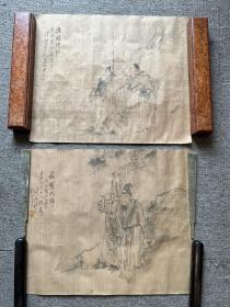 【铁牍精舍】【画3-5】【名家书画】清钱惠安人物绢本托片两幅，45.3x38.2cm 钱慧安（1833年—1911年），道光十三年（1833）生，宣统三年辛亥（1911年）卒，享年七十八岁。宝山高桥镇花园浜村（今上海浦东）人。初名贵昌，字吉生，号清溪樵子、清路渔子、退一老人，又号双管楼主。室名双管楼。少时从民间画师学写真，早岁摹仇英、唐寅、陈洪绶，继学费丹旭、改琦、上官周等