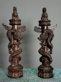 沉香木手工雕龙柱一对