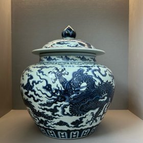 顶级青花宣德款苏麻离青祥云龙纹大盖罐，高38厘米直径33厘米