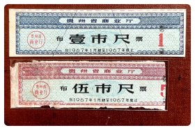 折价品～贵州省商业厅布票1967年度壹市尺（背面贴衬）、伍市尺（边沿残缺、副券已裁）
