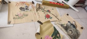 柳新，工笔画双猫，双狗，小鸡，牡丹花，4张打包一起卖，工笔画，每张镜心尺寸大概是48/48厘米