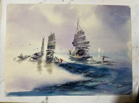 保真保手绘。水彩一张，品相如图。画心尺寸（54*39）cm，货号：L430