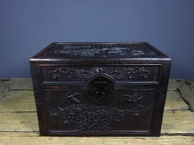 旧藏紫檀木精工雕刻 锦上添花 书箱 百宝箱 收藏送礼佳品