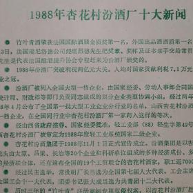 【酒文化资料】1988年杏花村汾酒厂十大新闻。浅谈西凤酒酿造的环境因素，陕西西凤酒厂兰明科，西凤酒微生物的生化测定与应用研究。改造窖池提高酒质，泸州市酿酒厂。挖掘潜力添厉劲，再接再厉渡难关，访国营四川古蔺县曲酒厂。台酒的啤酒工业。郎酒荣获国际金奖。哈尔滨市参花白酒厂参花白酒、白玫瑰酒荣获首届中国食品博览会银奖