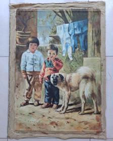 佚名中国风情油画“两个小孩与狗”9264