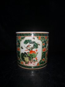 清～粉彩开窗花鸟笔筒一个，尺寸如图