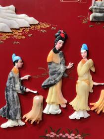 楠木古典漆器镶嵌玉石侍女人物六扇屏风一套，人物纯手工雕刻，手工绘画，人物栩栩如生，漂亮大气精致，品相完好，尺寸见图xf
