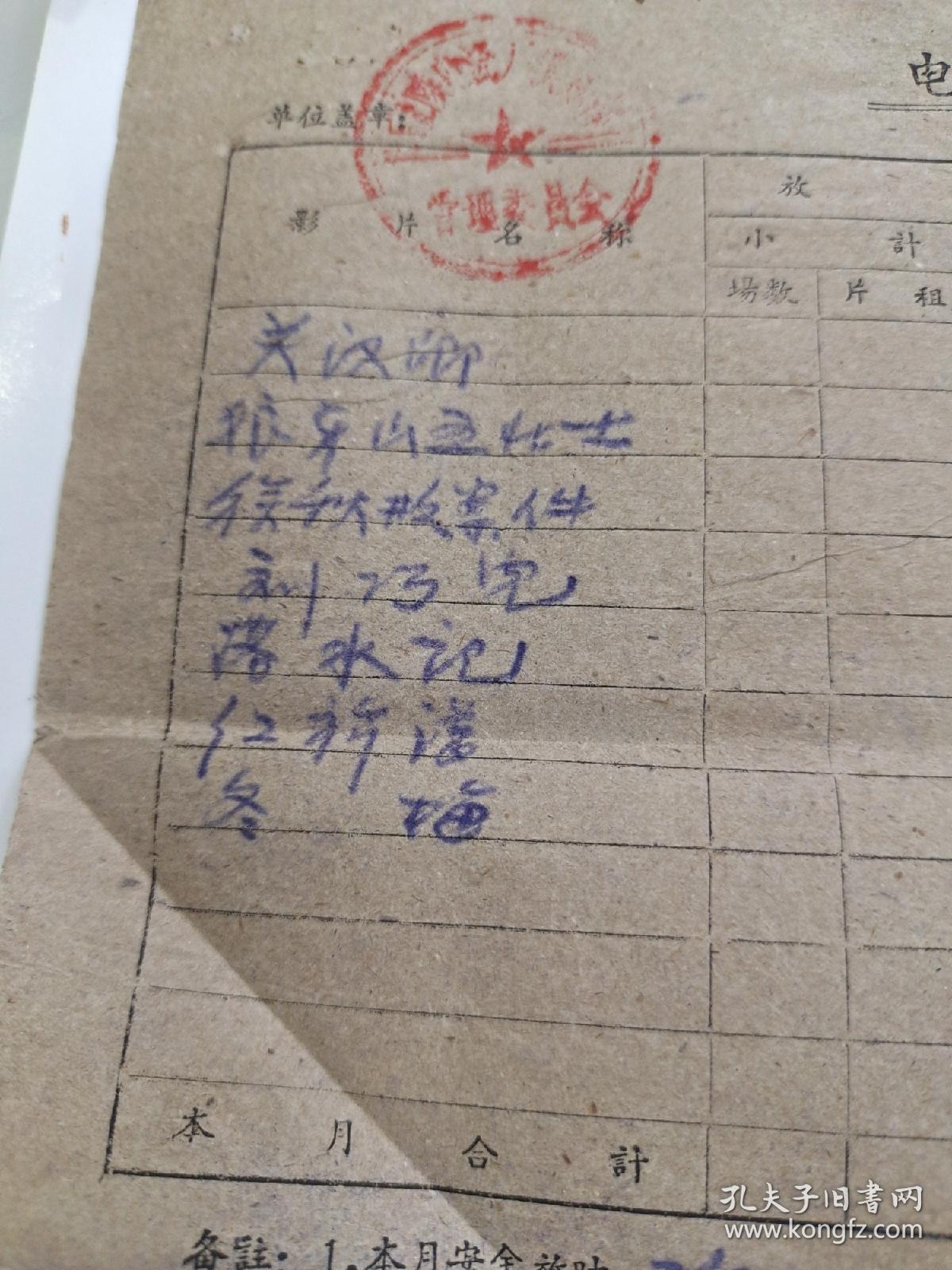 电影放映情况月报表《关汉卿》《狼牙山五壮士》《刘巧儿》《落水记》《红旗谱》