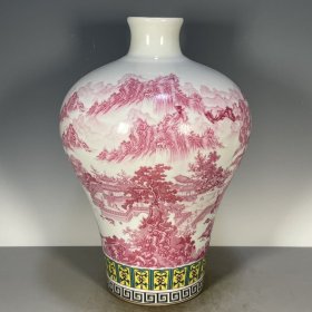 古董古玩陶瓷杂项古瓷器收藏海外回流胭脂红山水图纹梅瓶摆件