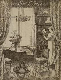 1900年代欧洲艺术家创作《藏书室书架前读书的美少女》早期藏书票1张