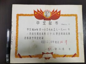 毕业证书，南通市第二中学，D8