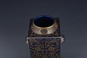 清光绪祭蓝釉描金凤凰牡丹纹琮式瓶 古玩古董古瓷器老货收藏30×18厘米