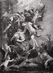 【鲁本斯】约1880年铜版画《王后降生》(LE NAISSANCE DE LA REINE)--出自 彼得·保罗·鲁本斯(Peter Paul Rubens)系列作品集，法国皇后玛丽·德·美第奇平生组画--特厚纸张47*31.5cm(画面21.8*16.5) ，三边刷金，9品