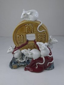 80年代石湾窑大师霍冠华生肖鼠陶塑作品（五鼠运财）