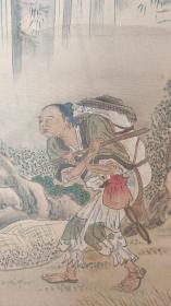 清代字画 名家字画 小田海仙王赢 山水人物画 二十四孝之子路为亲负米 整幅207*81.画心141*65.6 此为所见王瀛书画最大最好的一幅 绢本淡彩浅绛山水 原装绫裱难得好品 硬木轴头