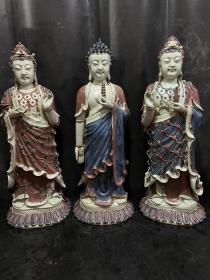 清，釉里红三圣佛造像高79