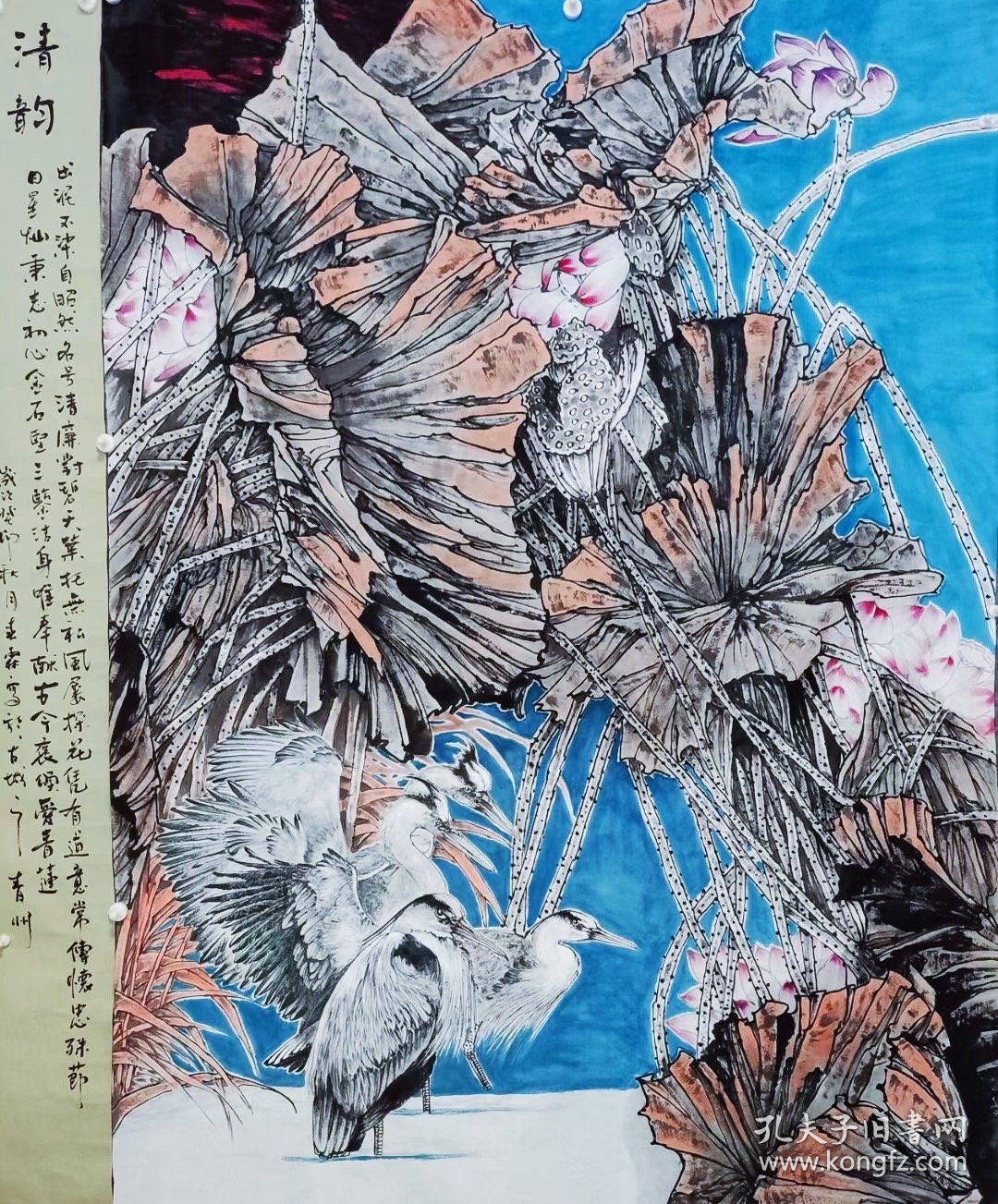 花鸟画，丈二斗方，写意画法，皴法点染，纯手绘，假一赔百万，带老师和画的合影，任何尺寸老师都可以定制，带收藏证书，这个链接里面一共有4幅构图，大家可以选选看喜欢那副，可以让老师现画，山东省美协李春霖老师原创大作，老师的花鸟画的不亚于中美协老师，实际画的比照片拍出来要漂亮的多，笔法苍劲有力，鸟和叶子画的很逼真，行云流水，整幅构图非常饱满，大气，颜色的渲染恰到好处。2米×1.8米的，丈二斗方！