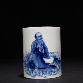 旧藏 民国竹溪道人王步青花罗汉纹笔筒三 15*12厘米