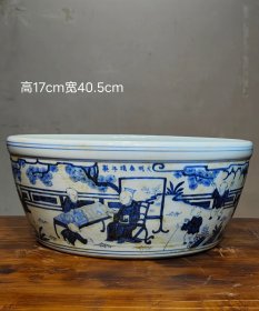 美品·款识“大明嘉靖年制”精工细作满工青花通景婴戏人物纹卷缸。