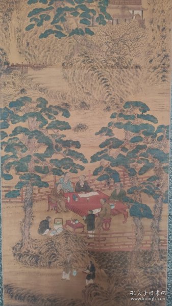 回流字画：南画大名家：田能村竹田，竹田生，松下研经图，文政丙戊写于砚田农舍，画工细致极精之作，大幅绢本设色山水立轴，，原装绫裱，整幅199*53.8画心136*40.8