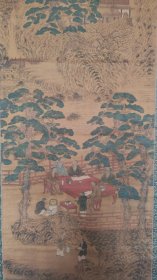 回流字画：南画大名家：田能村竹田，竹田生，松下研经图，文政丙戊写于砚田农舍，画工细致极精之作，大幅绢本设色山水立轴，，原装绫裱，整幅199*53.8画心136*40.8