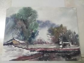 水彩画  初冬的乡村  十六开  七八十年代  佚名