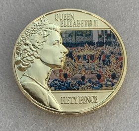 全新2014英属根西岛50便士 (时代的反思钻石周年纪念） 彩色铜镀金克朗型纪念币