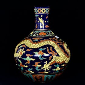 明宣德霁蓝釉五彩龙纹天球瓶 43/34厘米