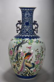 大清乾隆年制，青花粉彩五轮图花鸟双耳瓶，高60.6cm，肚径34cm