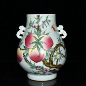 清代乾隆豆青釉粉彩九桃纹象耳尊【18.215cm】