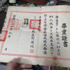 1954年武汉市汉口第五小学毕业证书/湖北黄陂县人