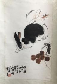 5665 八十年代天津杨柳青画店《刘继卣绘 双兔倩影图》木刻水印