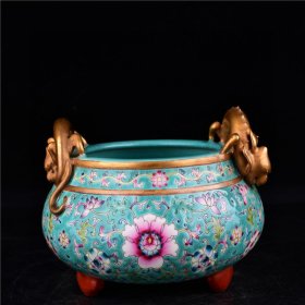 清雍正本金珐琅彩缠枝花卉纹三足双龙耳香炉古董古玩古瓷器规格