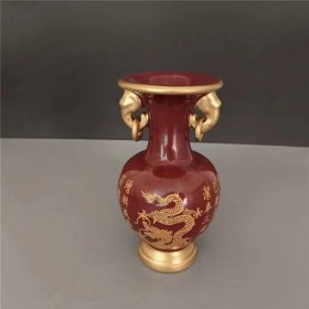 钧瓷窑变描金刻字龙纹双耳活环花瓶